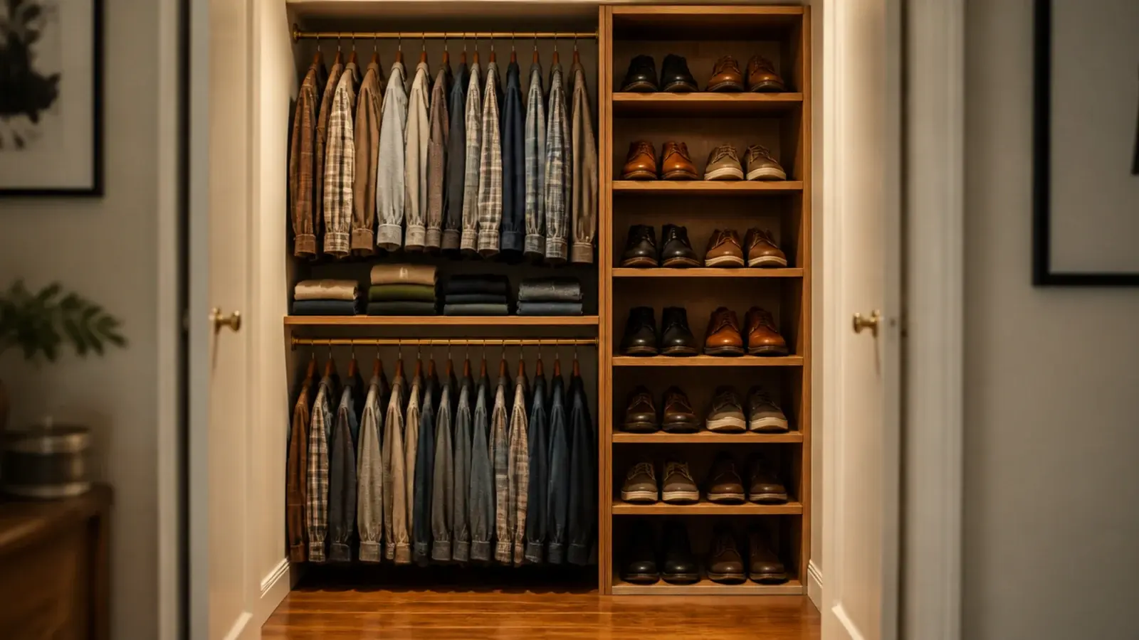 closet with double hanging rods on one side and shoe shelves opposite