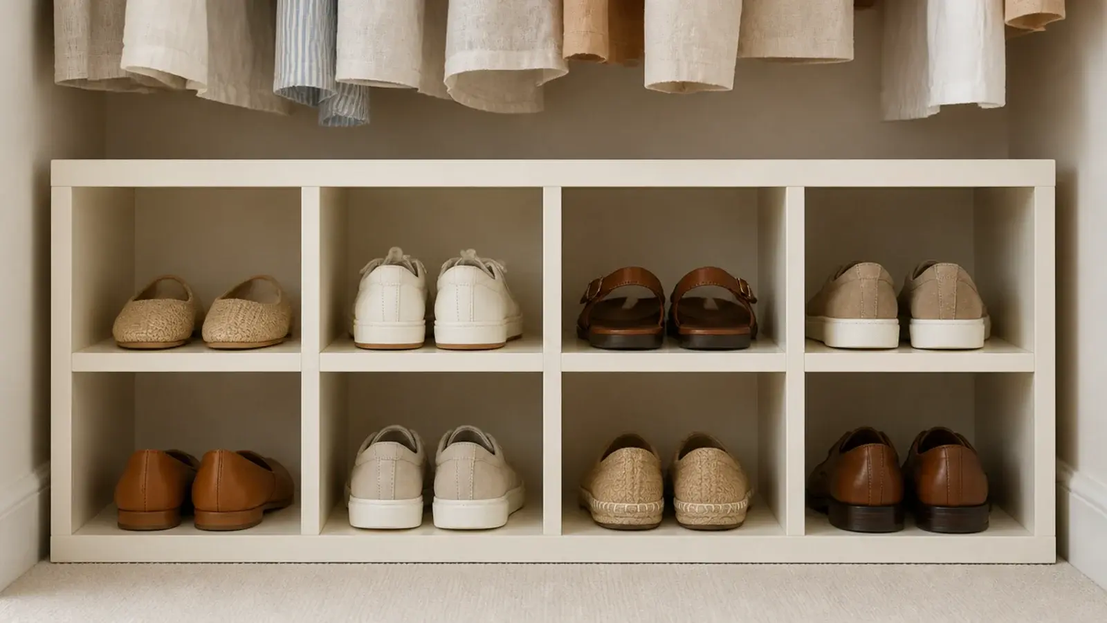 low wooden closet cubbies each holding one pair of shoes neatly