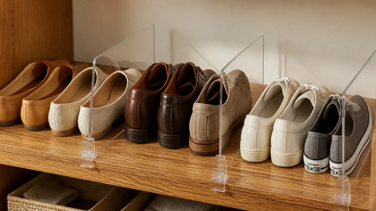 clear dividers clipped onto a closet shelf separating pairs of shoes