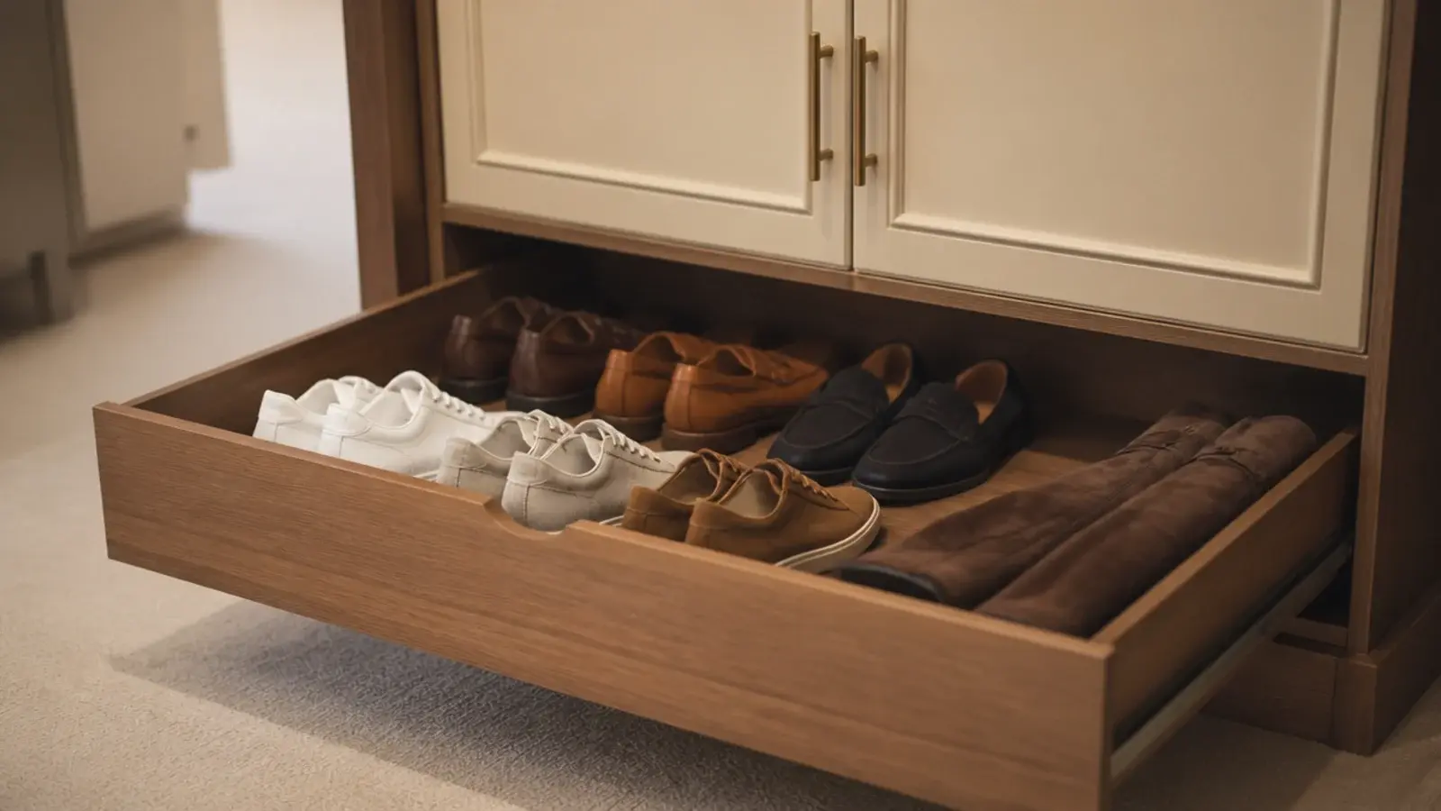 deep pull out drawer at a closet base holding rows of shoes