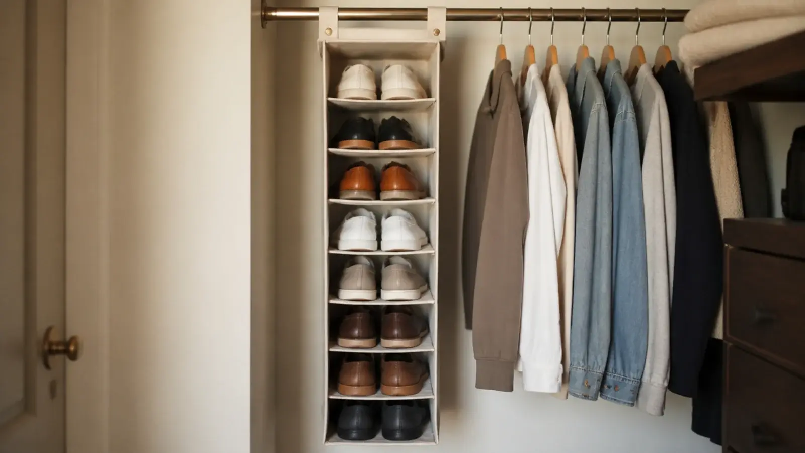 canvas hanging shoe column suspended from a closet rod holding pairs