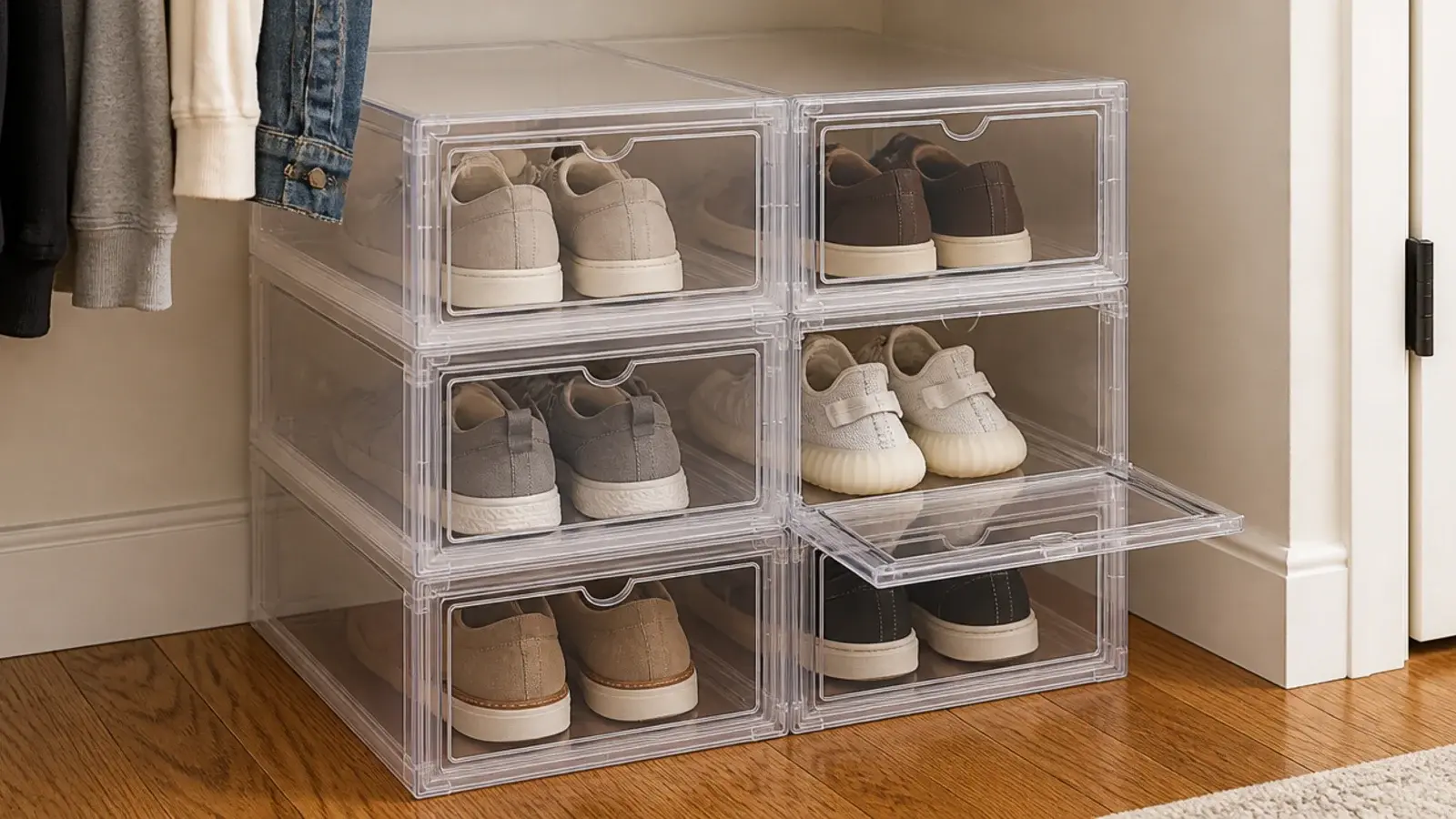 stacked clear drop front shoe boxes on a closet floor holding sneakers