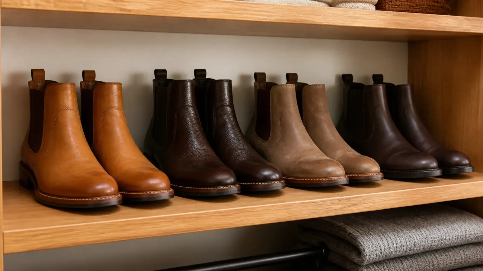 tall closet shelf bay holding four pairs of leather ankle boots