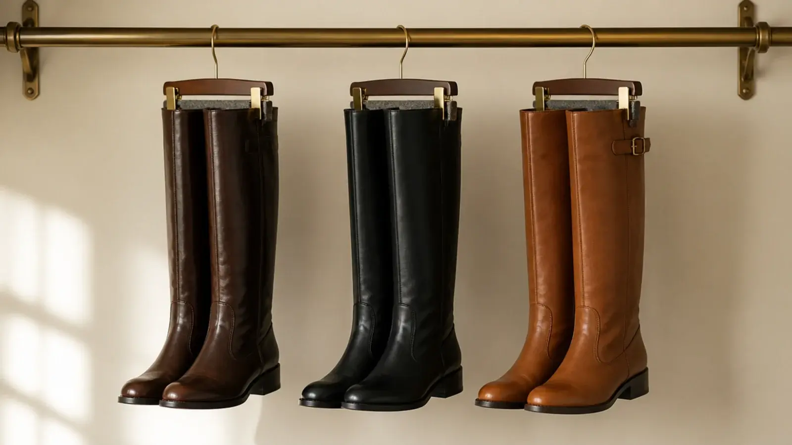 knee high boots hanging from felt lined clip hangers on a closet rod