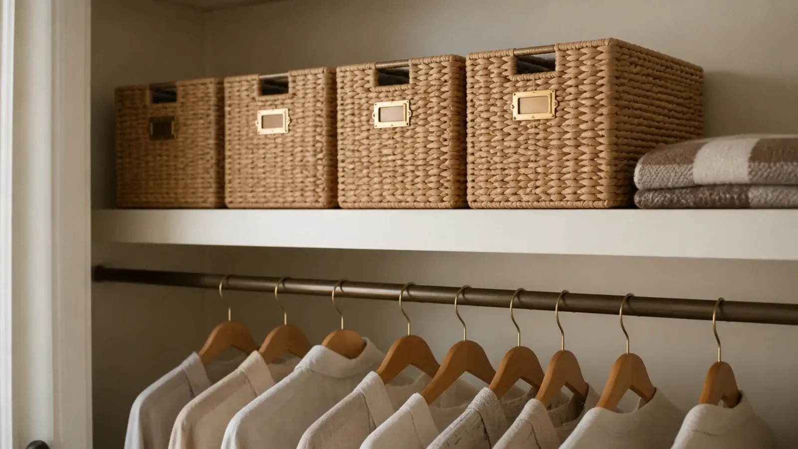 woven bins on a high closet shelf storing off season shoes above clothing