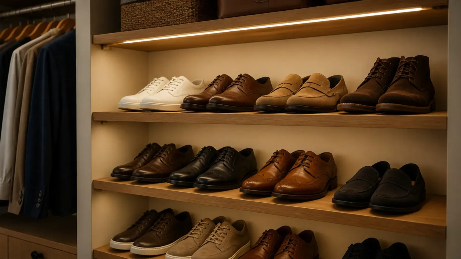 warm LED strip lighting closet shoe shelves under a top shelf edge