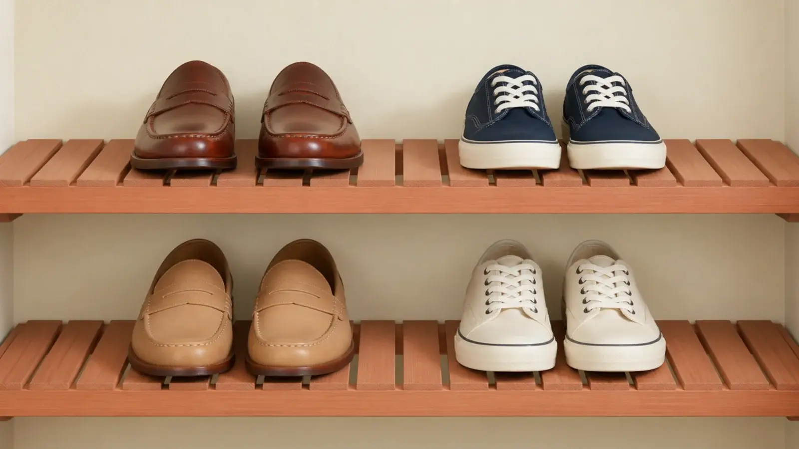 slatted cedar closet shelves holding shoes with visible airflow gaps