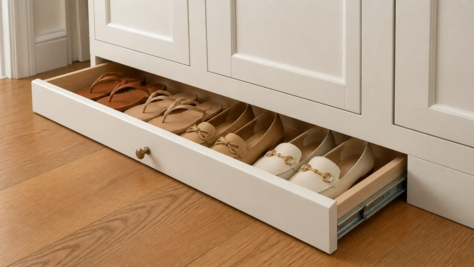 shallow toe kick drawer opened beneath a built in closet holding flats