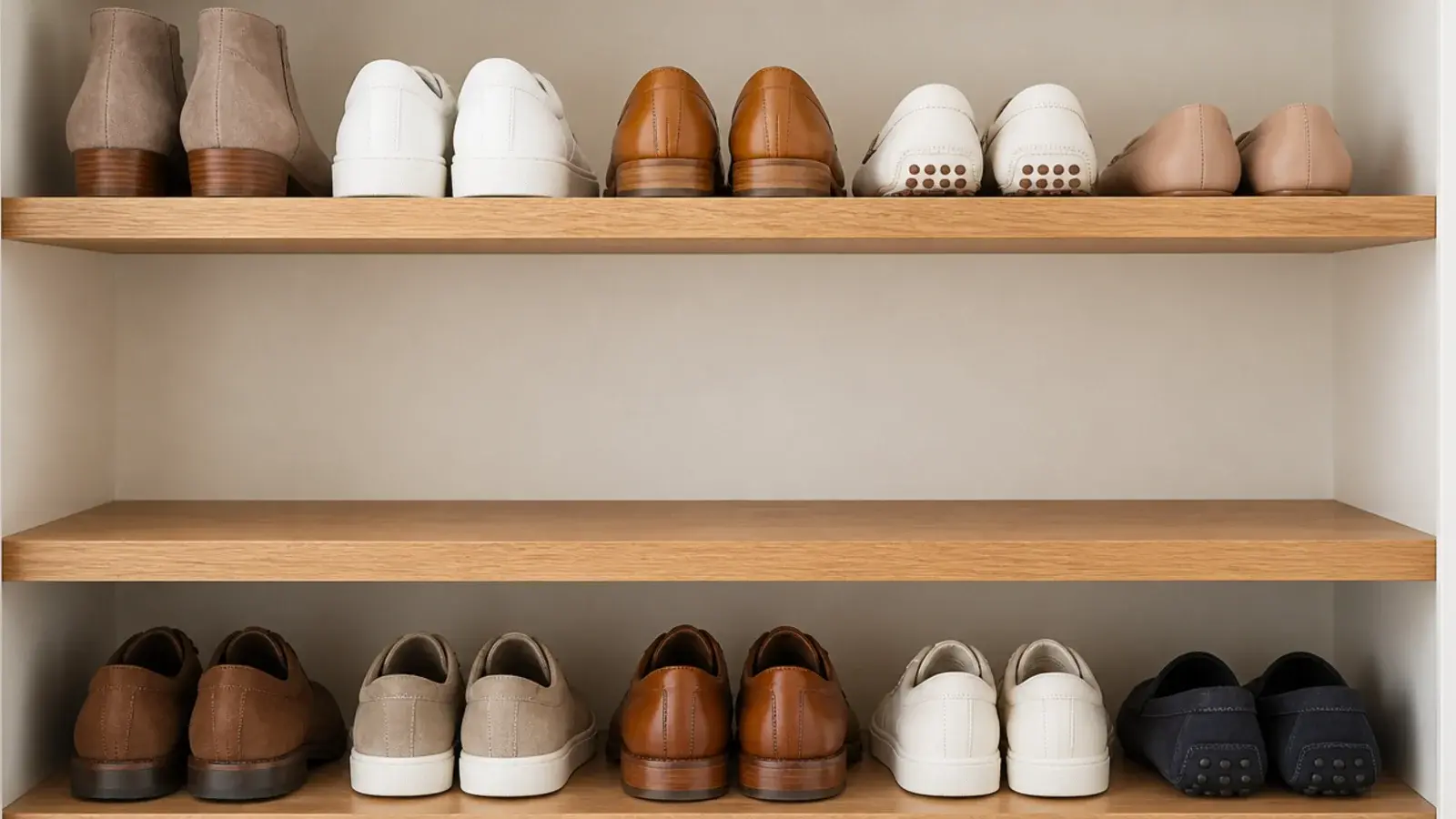closet shoe shelf left deliberately empty between two full shelves