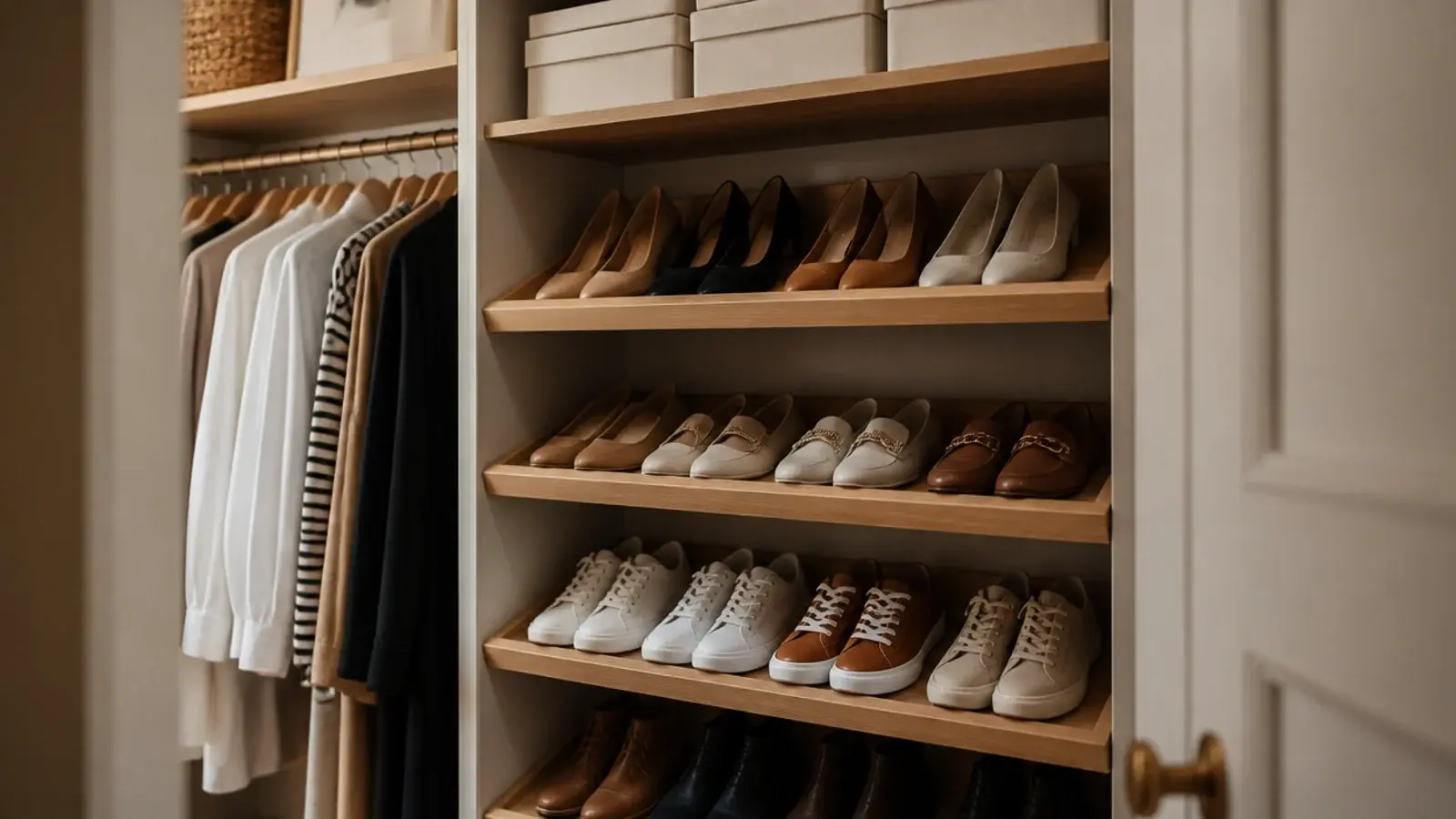 reach-in shoe storage closet with tilted oak shelves and stacked linen boxes