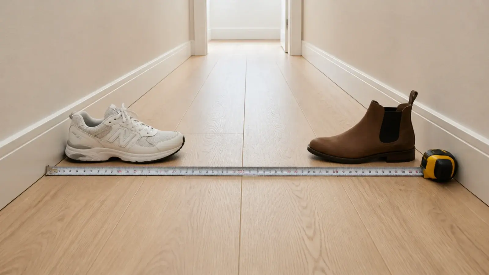 tape measure across a narrow apartment hallway beside two pairs of shoes