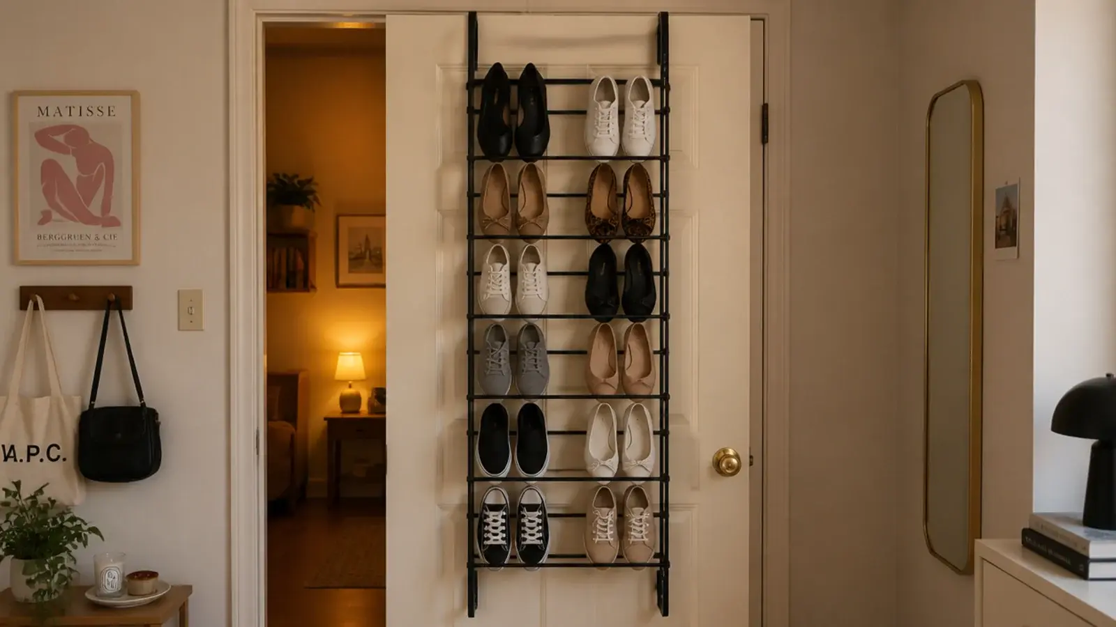slim over the door shoe rack hooked on an apartment closet door