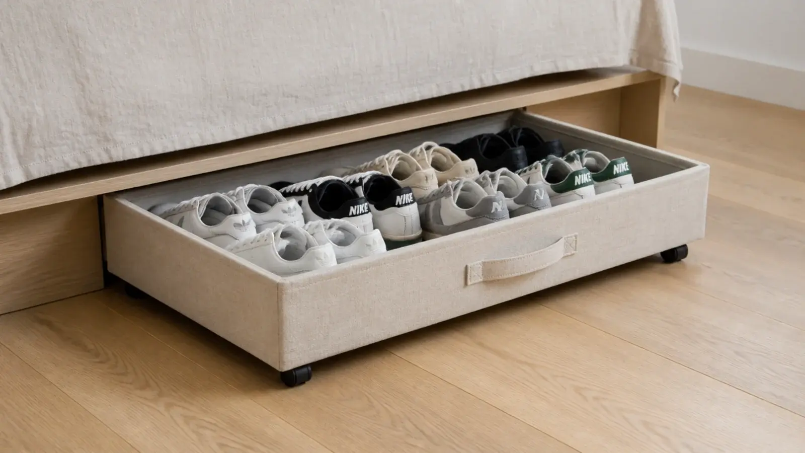 low rolling storage box of shoes pulled out from under an apartment bed
