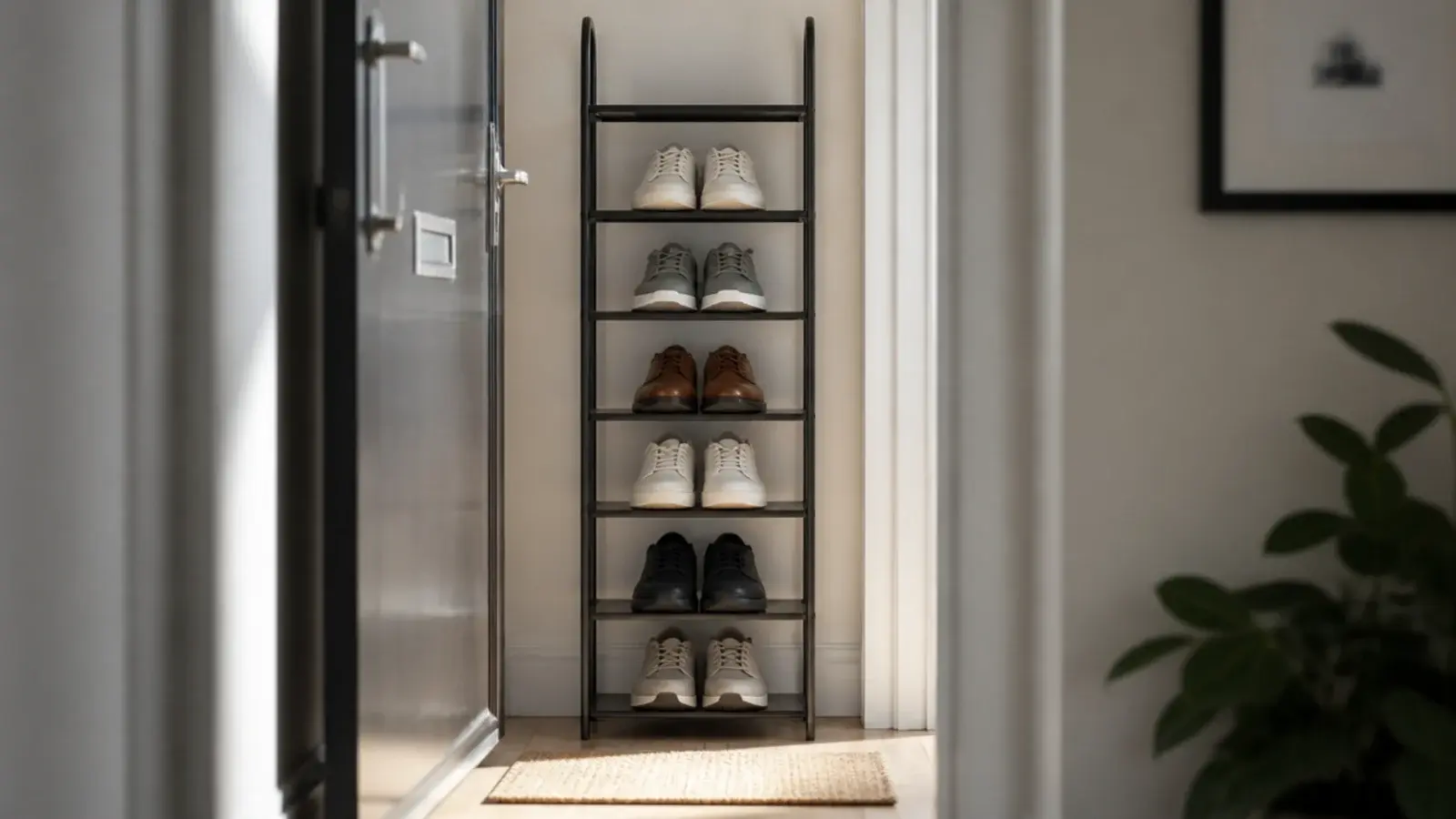 tall narrow shoe rack tucked behind an open apartment entry door