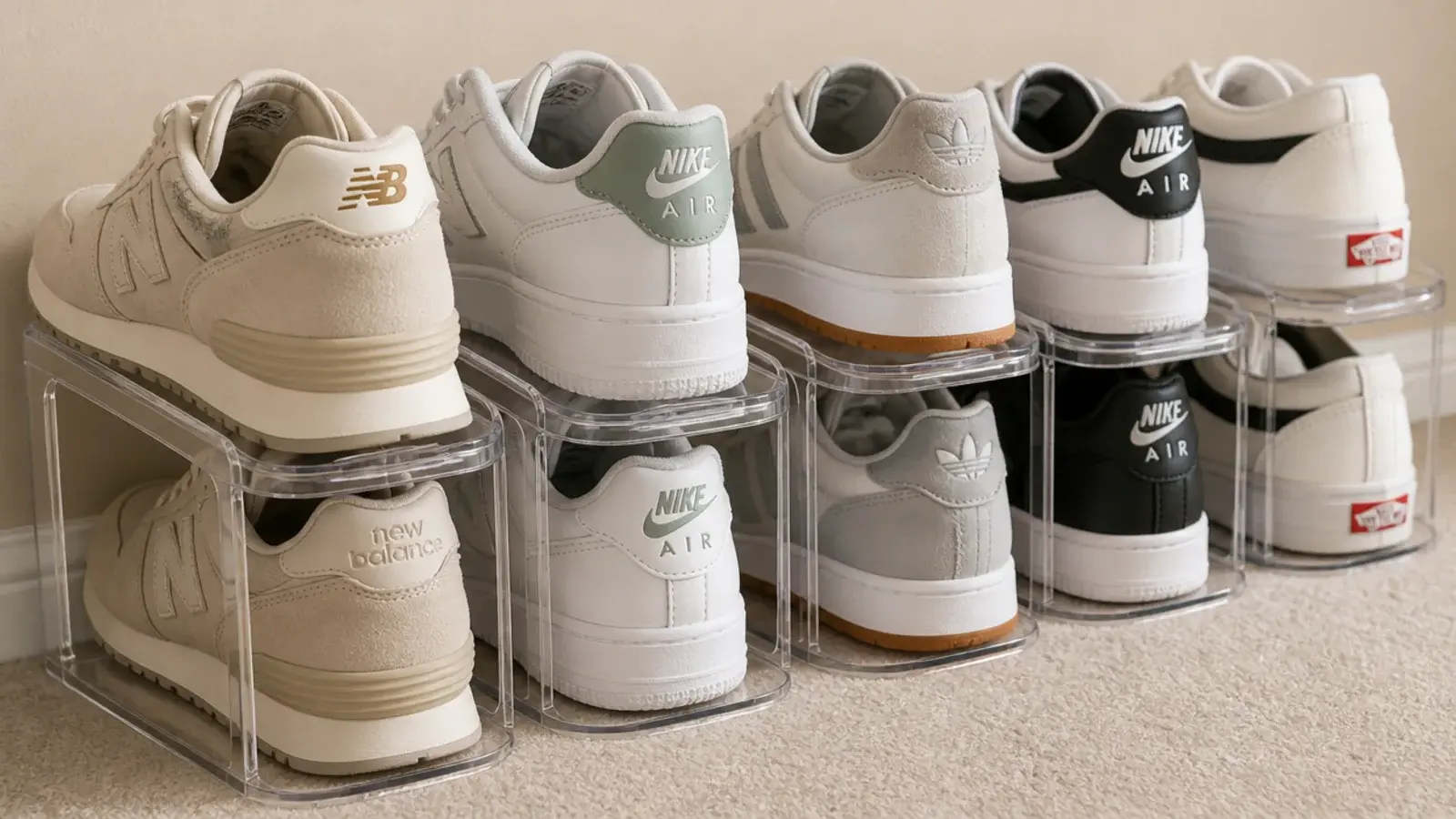 plastic shoe slot stackers holding pairs heel to toe on a closet floor