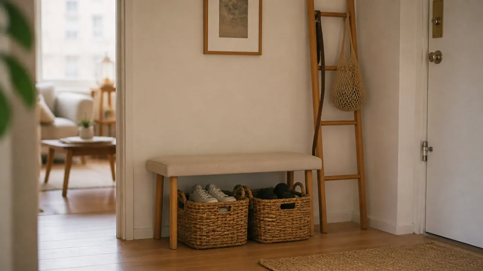 renter friendly shoe storage in a small apartment entryway with woven baskets