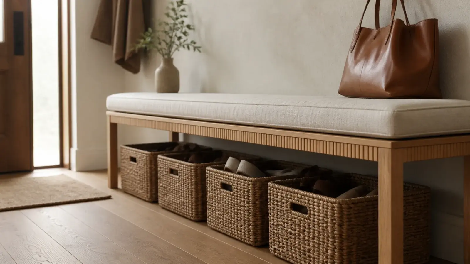 slatted wooden entryway bench with labelled woven baskets underneath