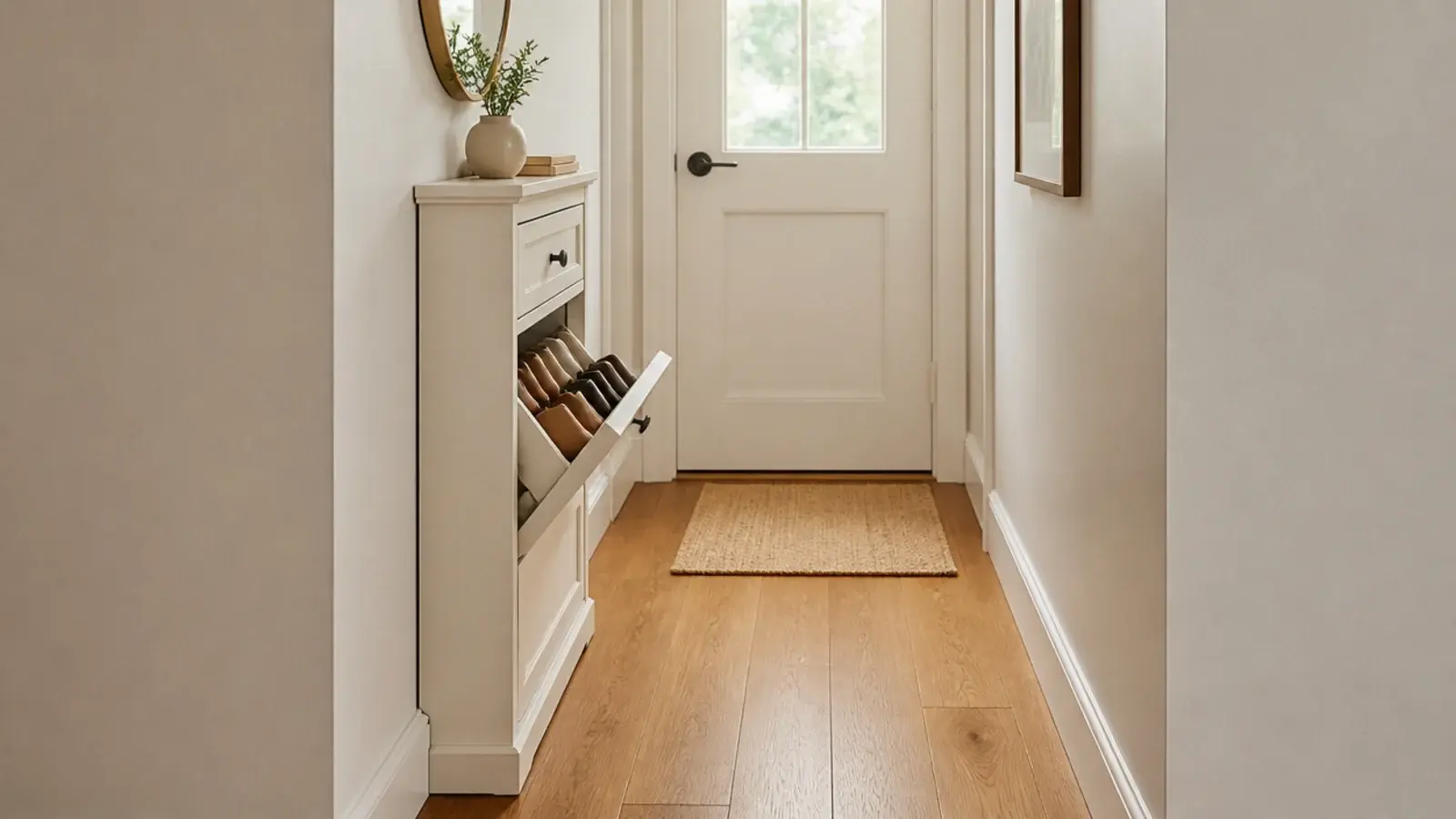 narrow tilt out shoe cabinet against a hallway wall holding shoes