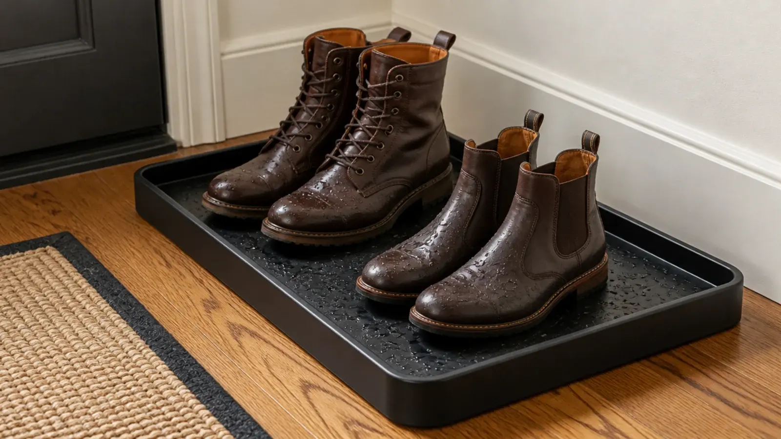 raised lip boot tray by a front door holding wet leather boots