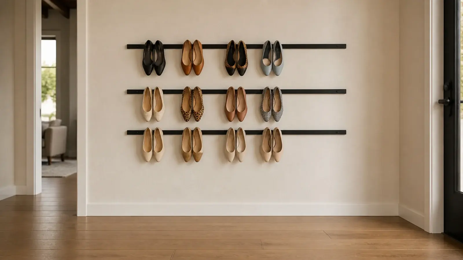 slim wall mounted rails holding flat shoes vertically in an entryway