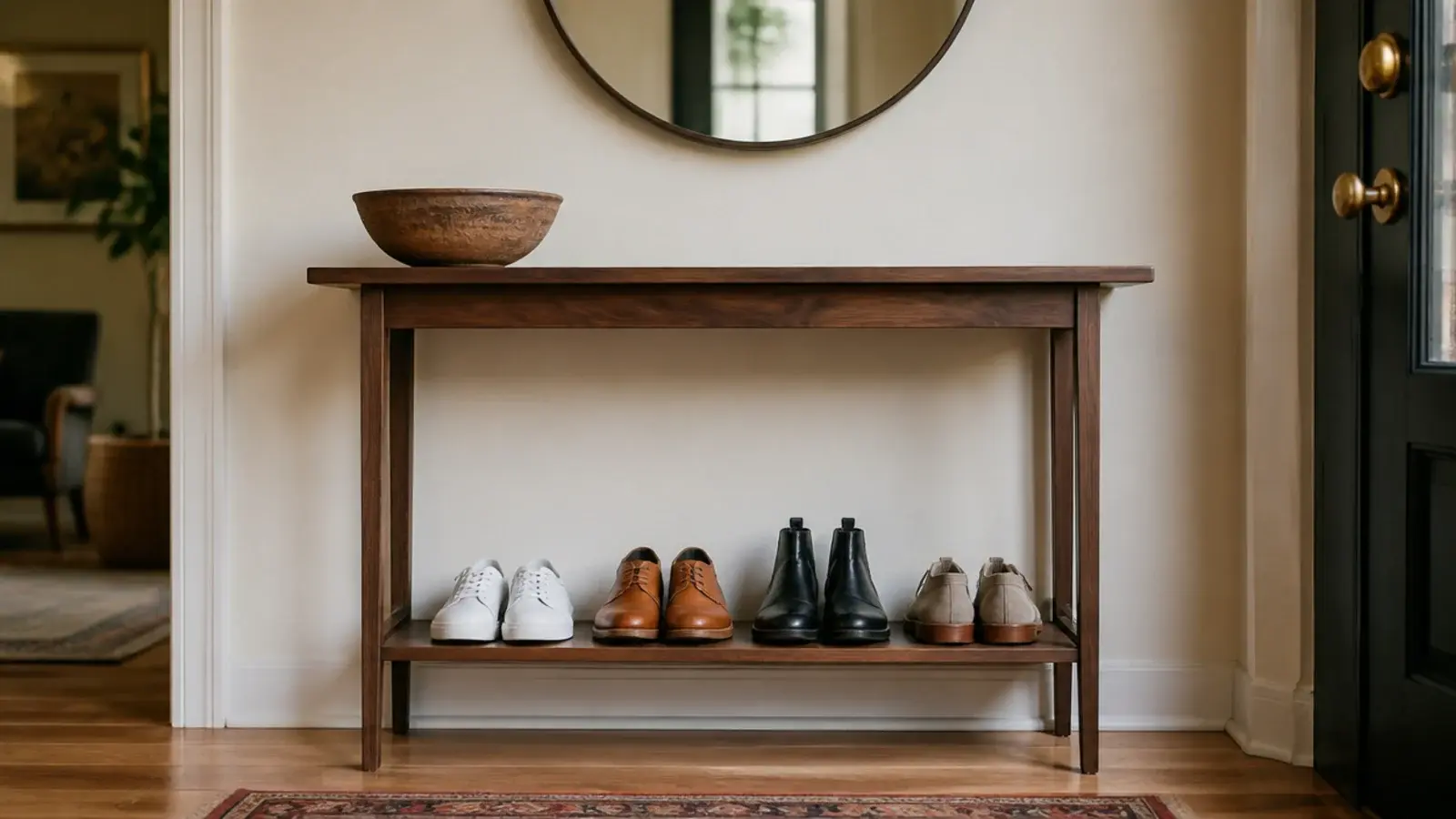 slim walnut console table with shoes lined on the shelf beneath