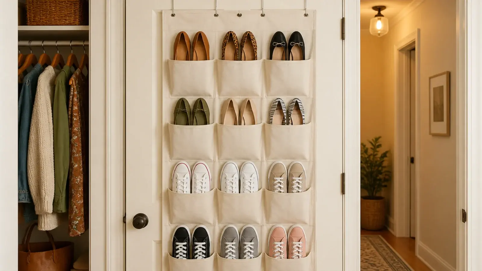 canvas over the door shoe organizer on the back of a closet door