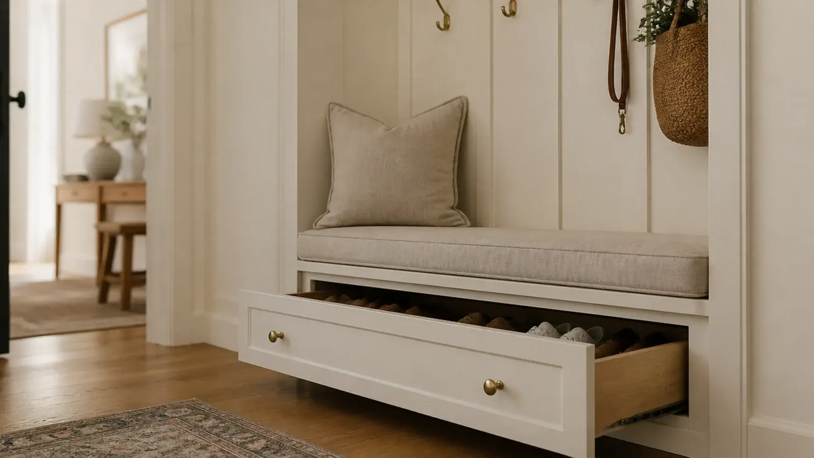 entryway bench with a deep pull out drawer holding shoes beneath