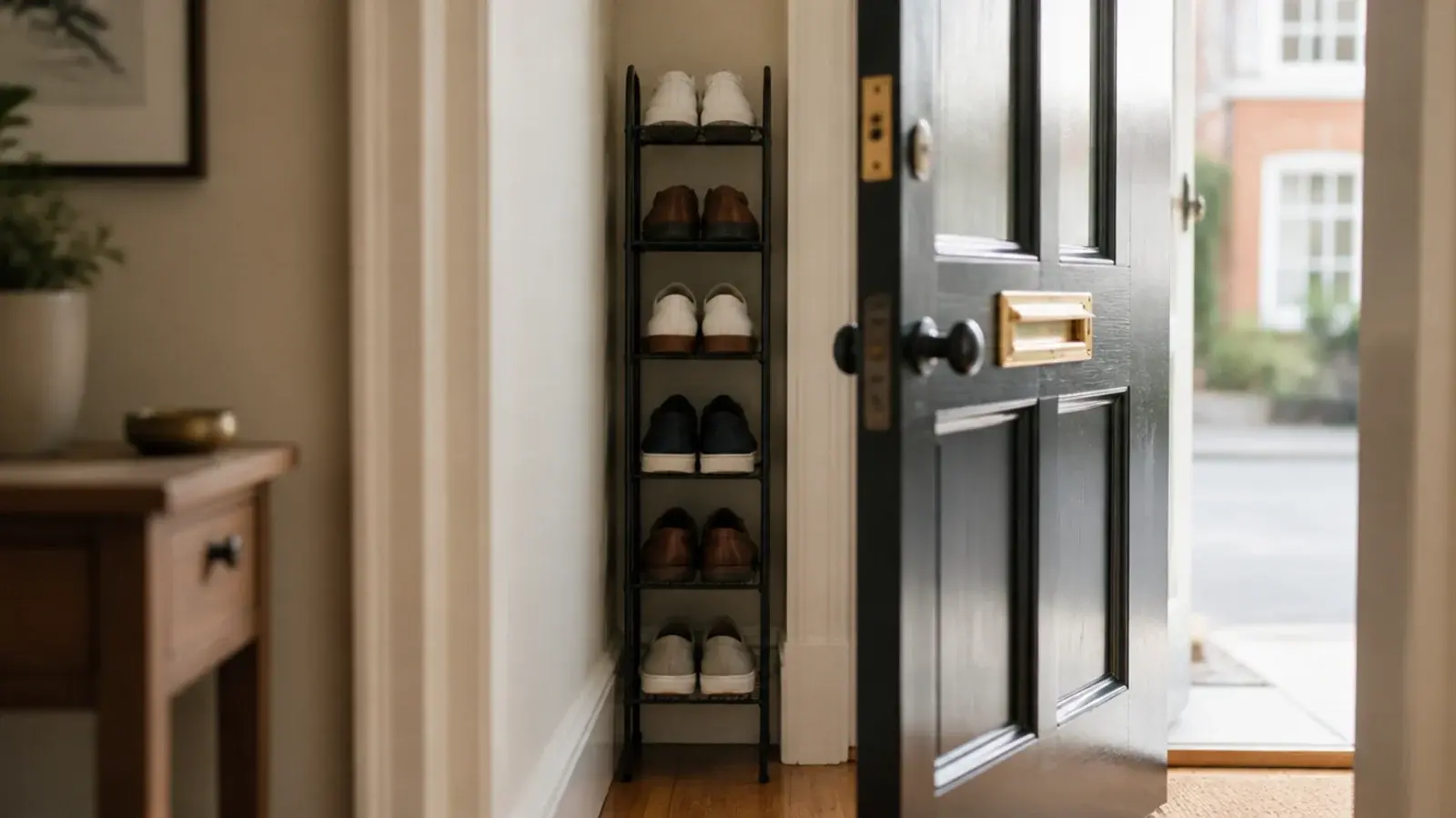 tall narrow shoe rack tucked behind an open entryway door