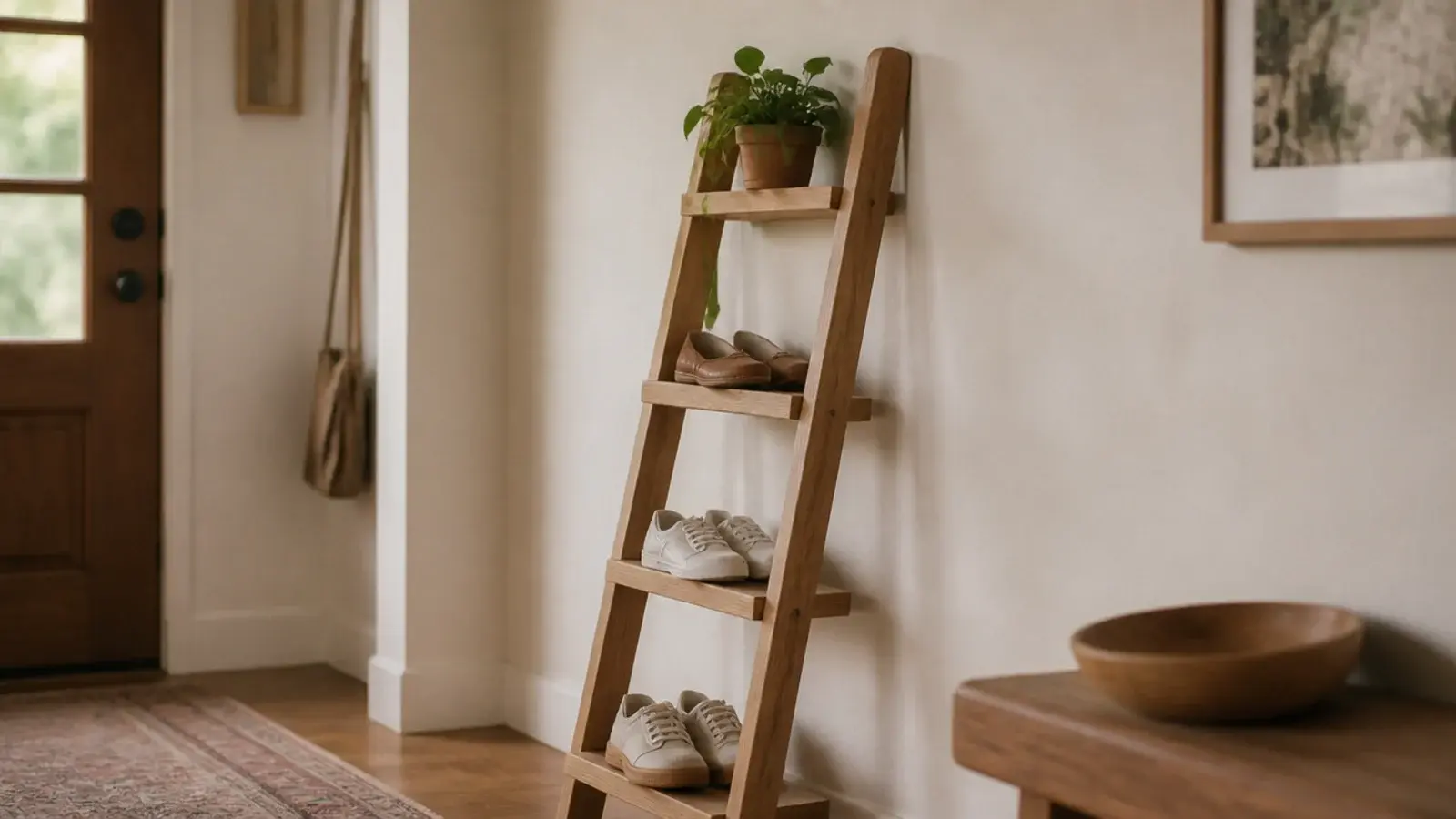 leaning wooden ladder rack holding flat shoes in an entryway corner