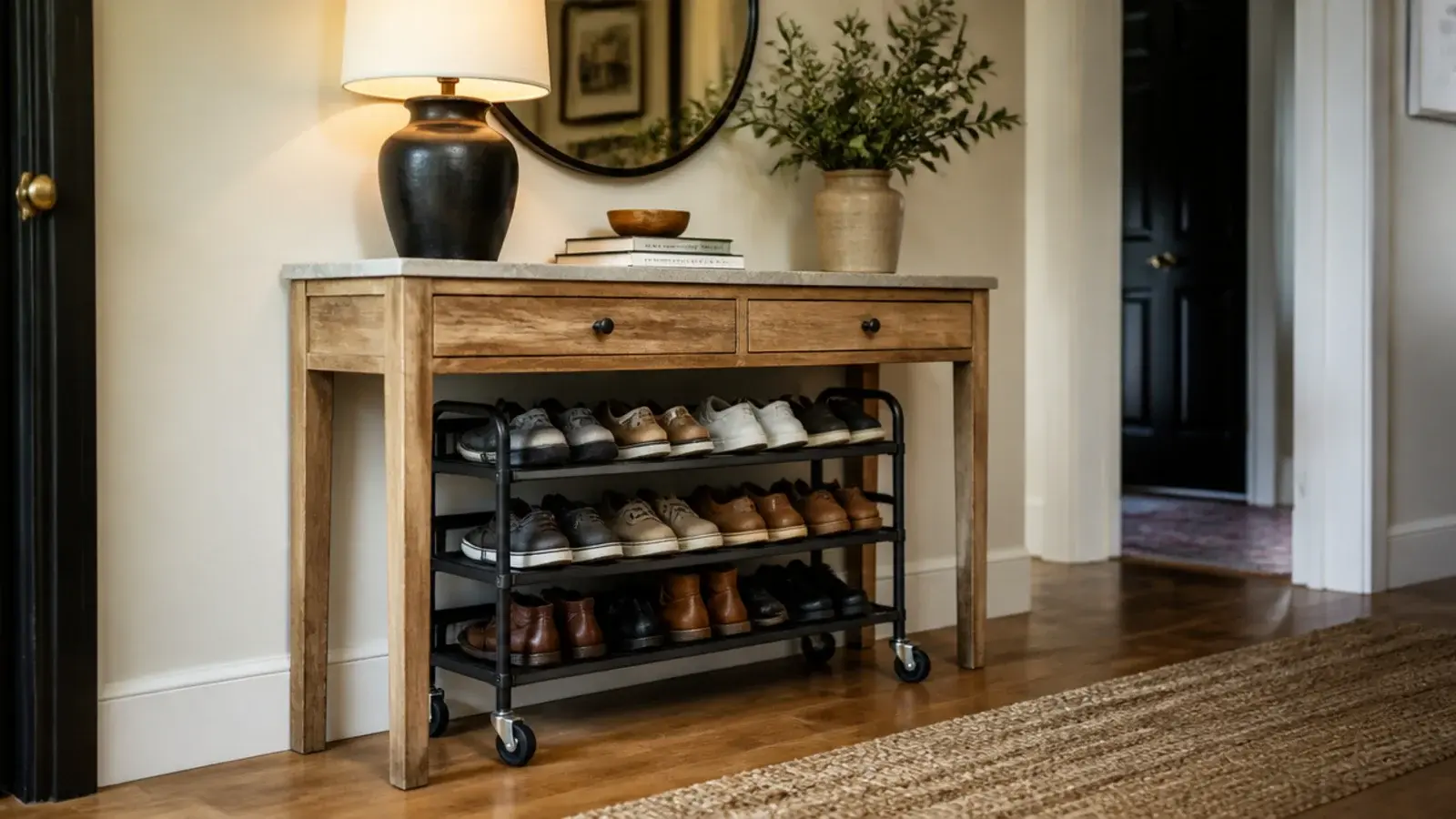 low rolling cart of shoes tucked under an entryway console table