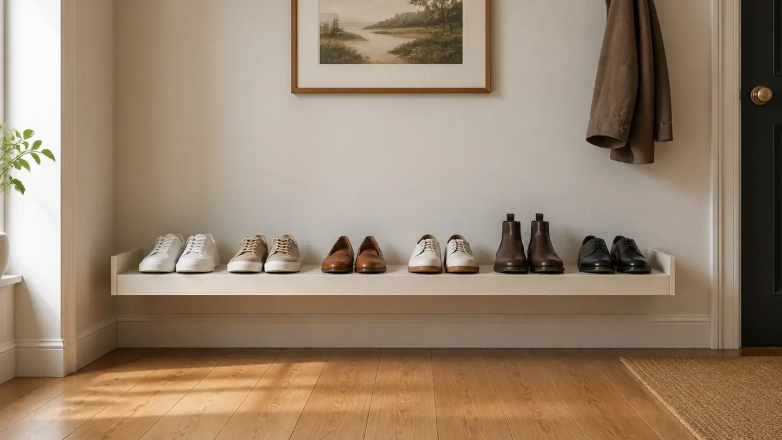 low shallow shoe shelf running along an entryway wall above baseboard