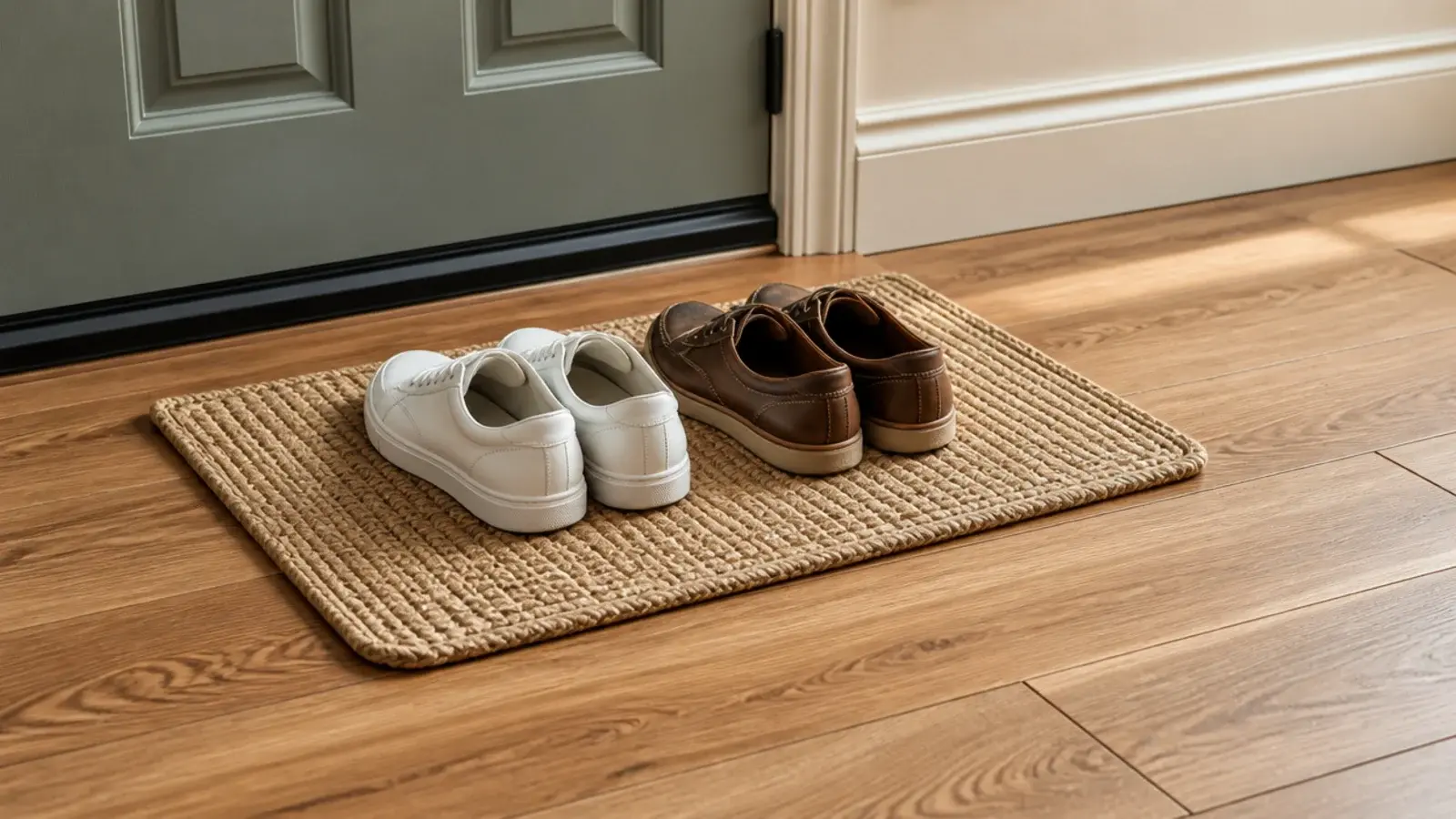 small entryway mat holding only two pairs of everyday shoes