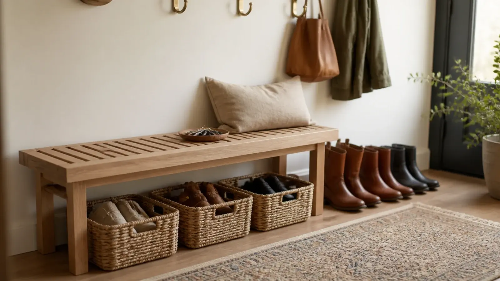 entryway shoe storage ideas with a slatted oak bench and woven baskets