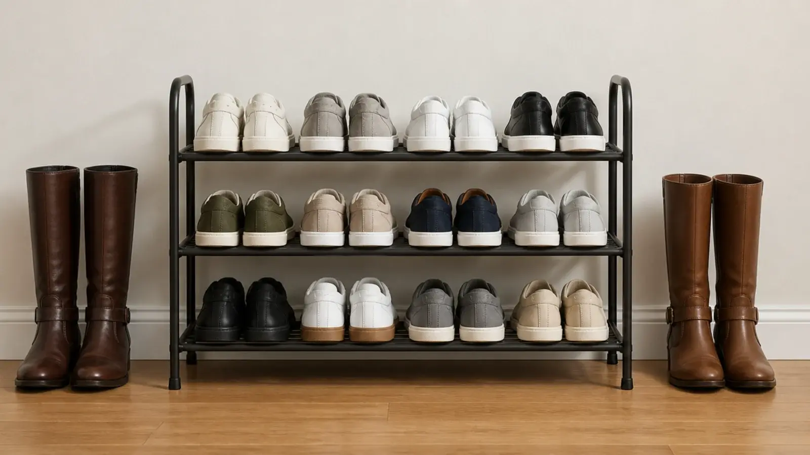shoe rack with six inch tiers and boots left standing on the floor