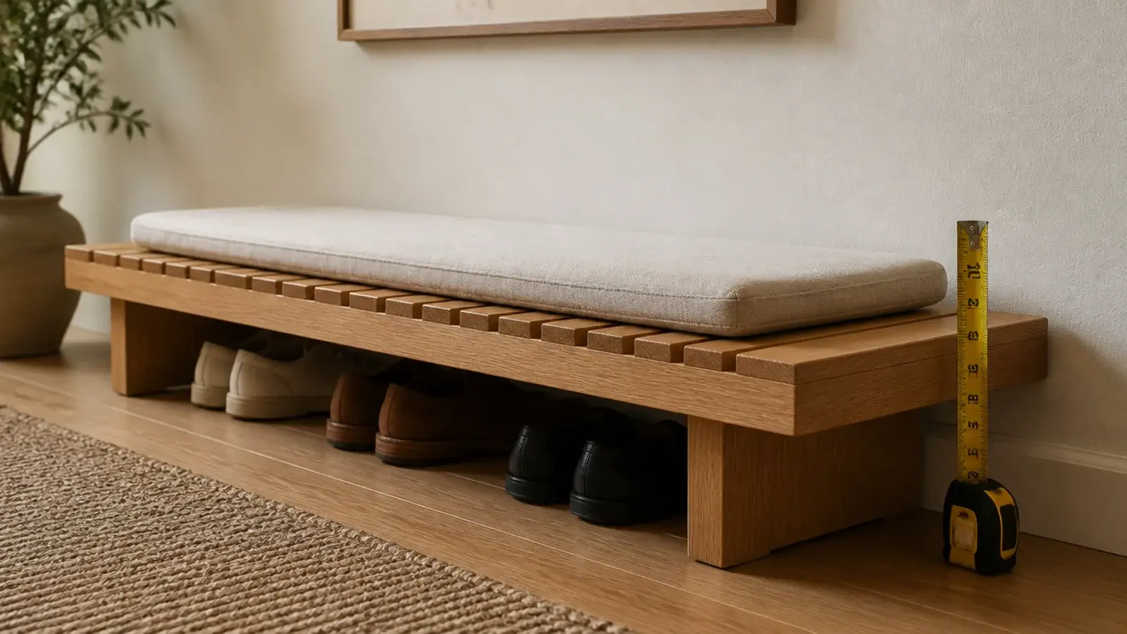 low entryway bench sitting too close to the floor beside shoes