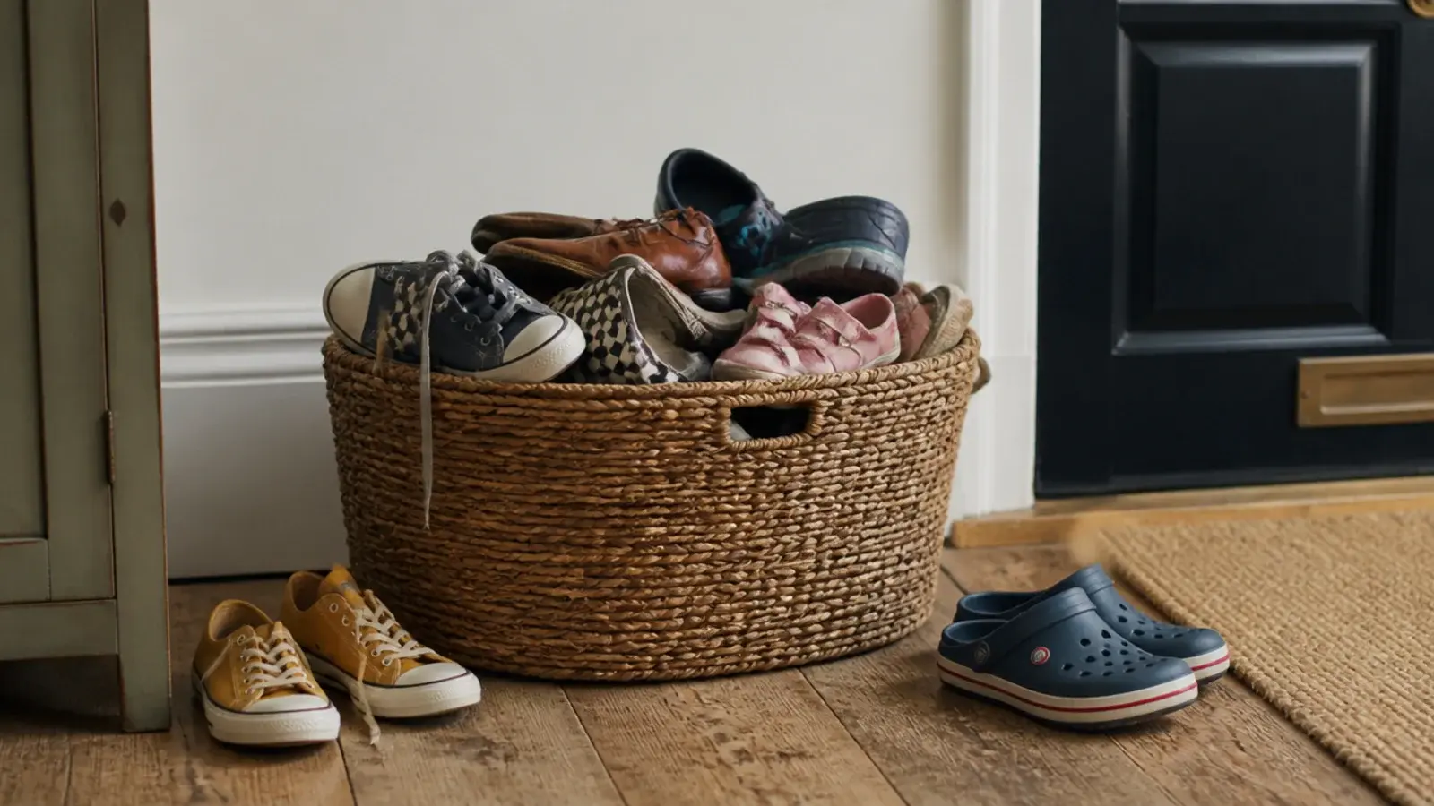 single overflowing woven basket of mixed household shoes by a door