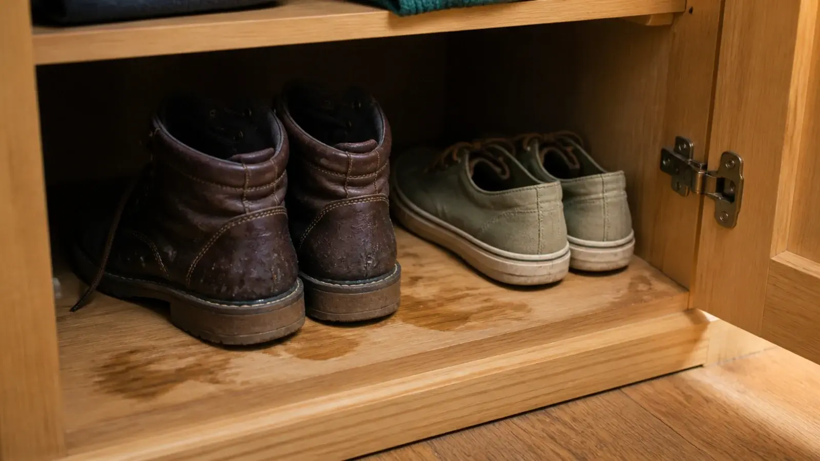 damp leather boots stored inside a closed cupboard beside dry shoes