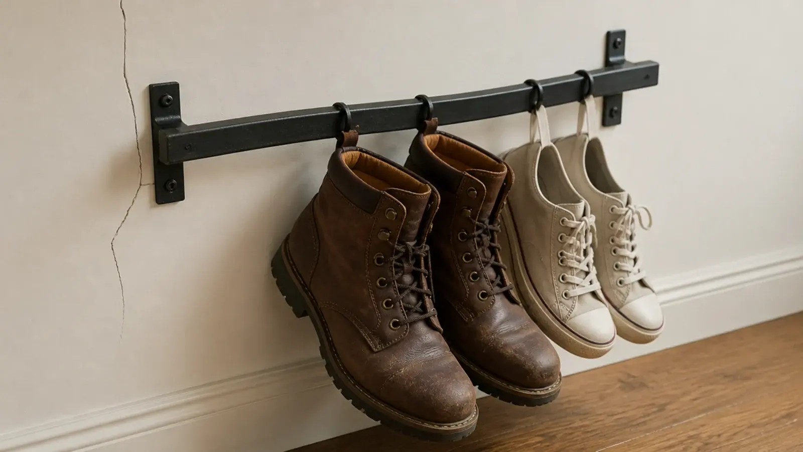 wall rail sagging under heavy boots hooked beside lighter flat shoes