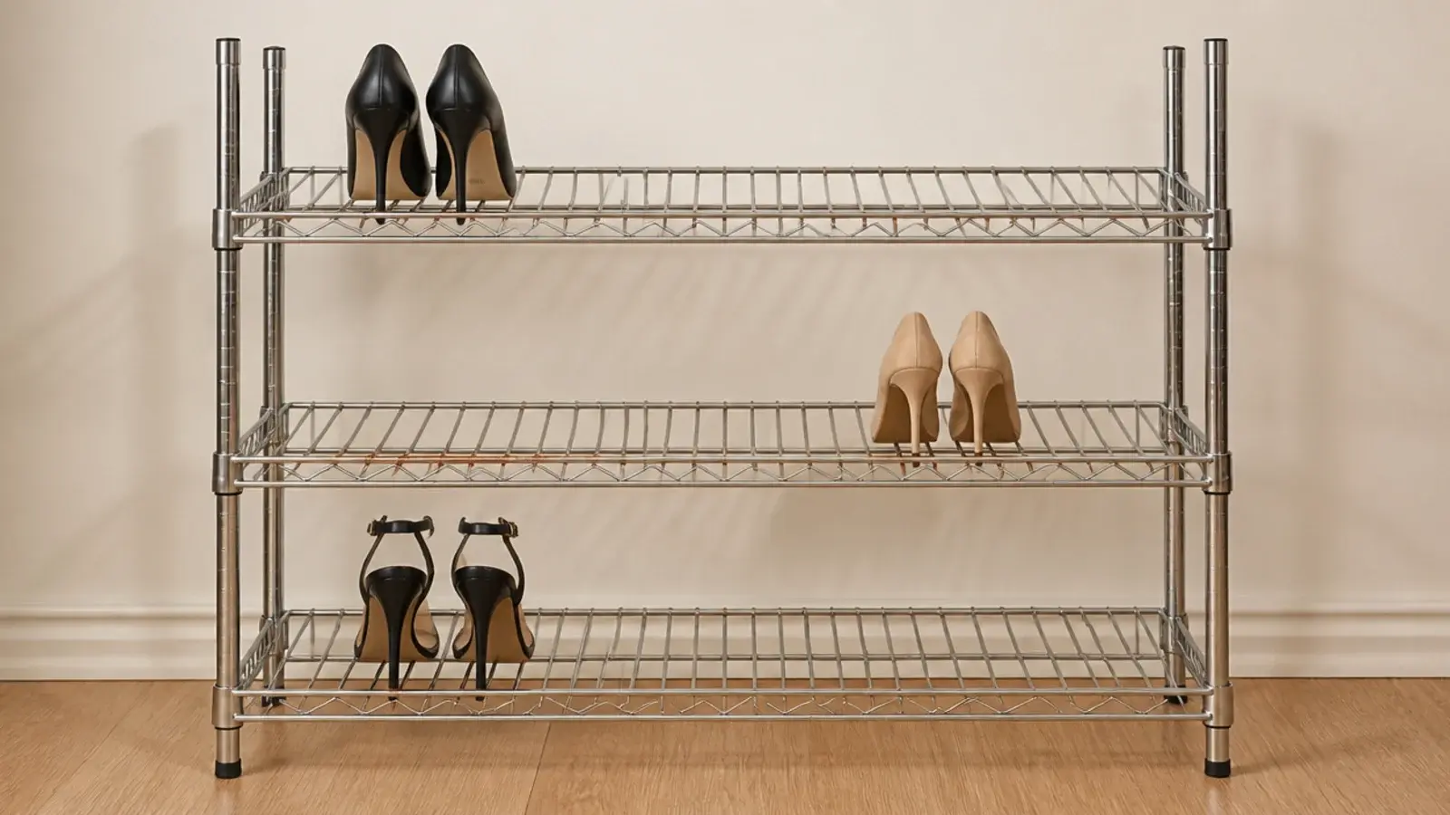 chrome wire shelving with heels slipping through the gaps between bars