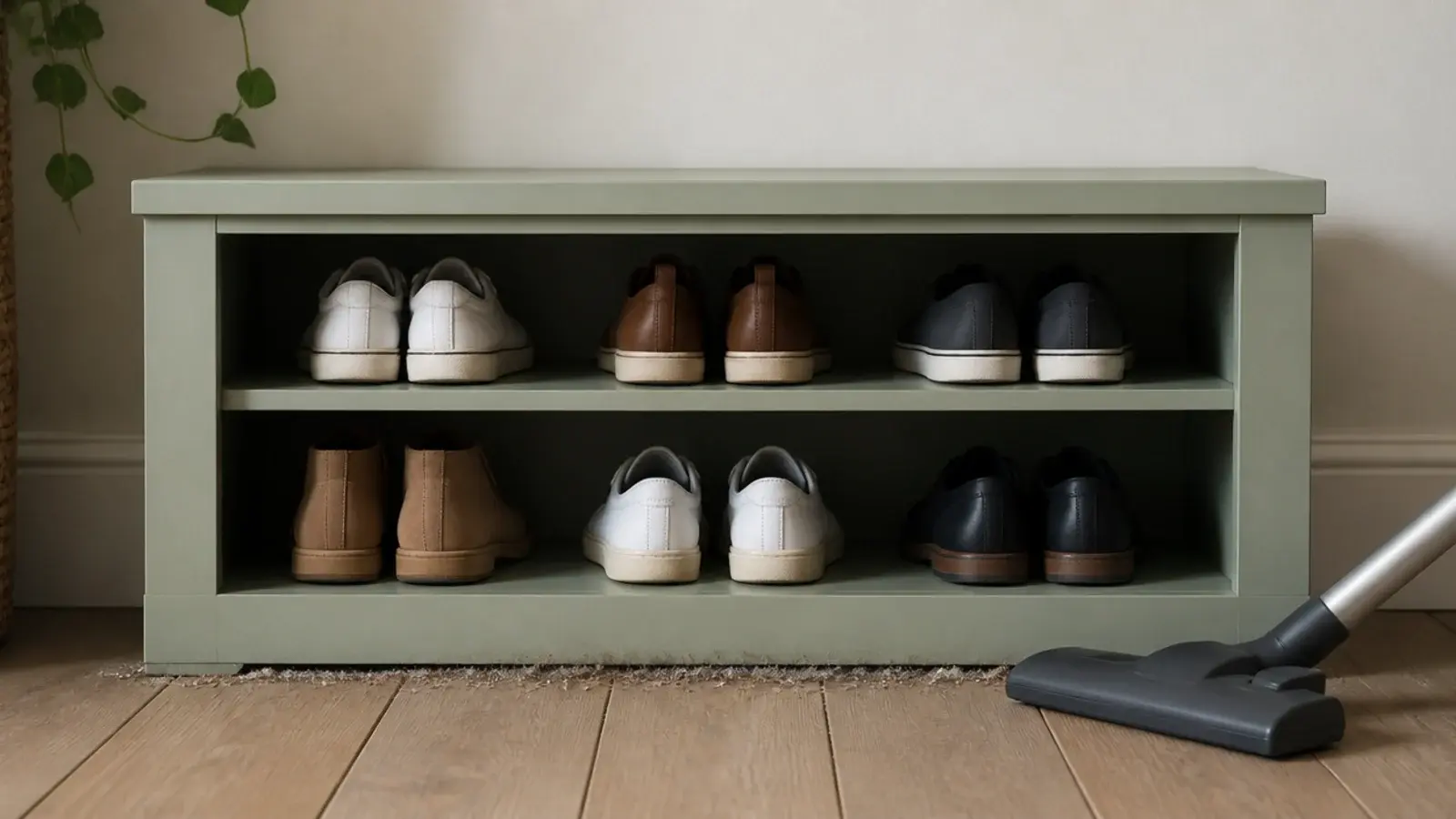 shoe shelf sitting flush to the floor with dust trapped underneath