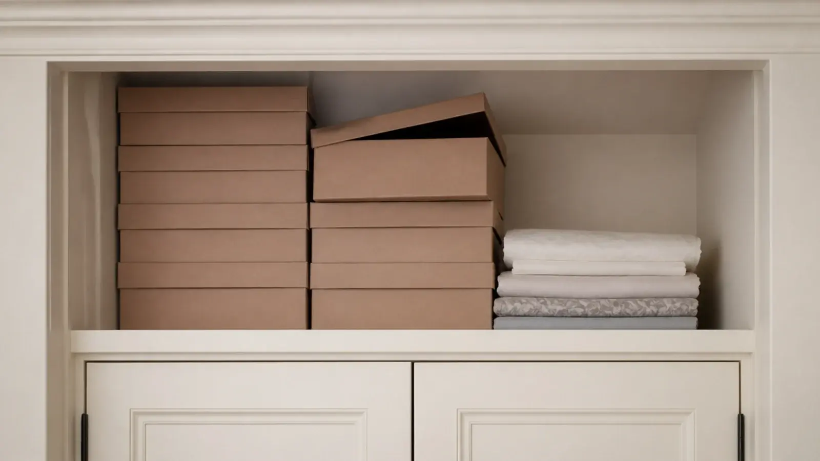 tower of unlabelled shoe boxes stacked on a high closet shelf