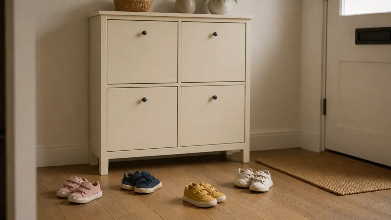 closed shoe cabinet with small shoes scattered on the floor beside it