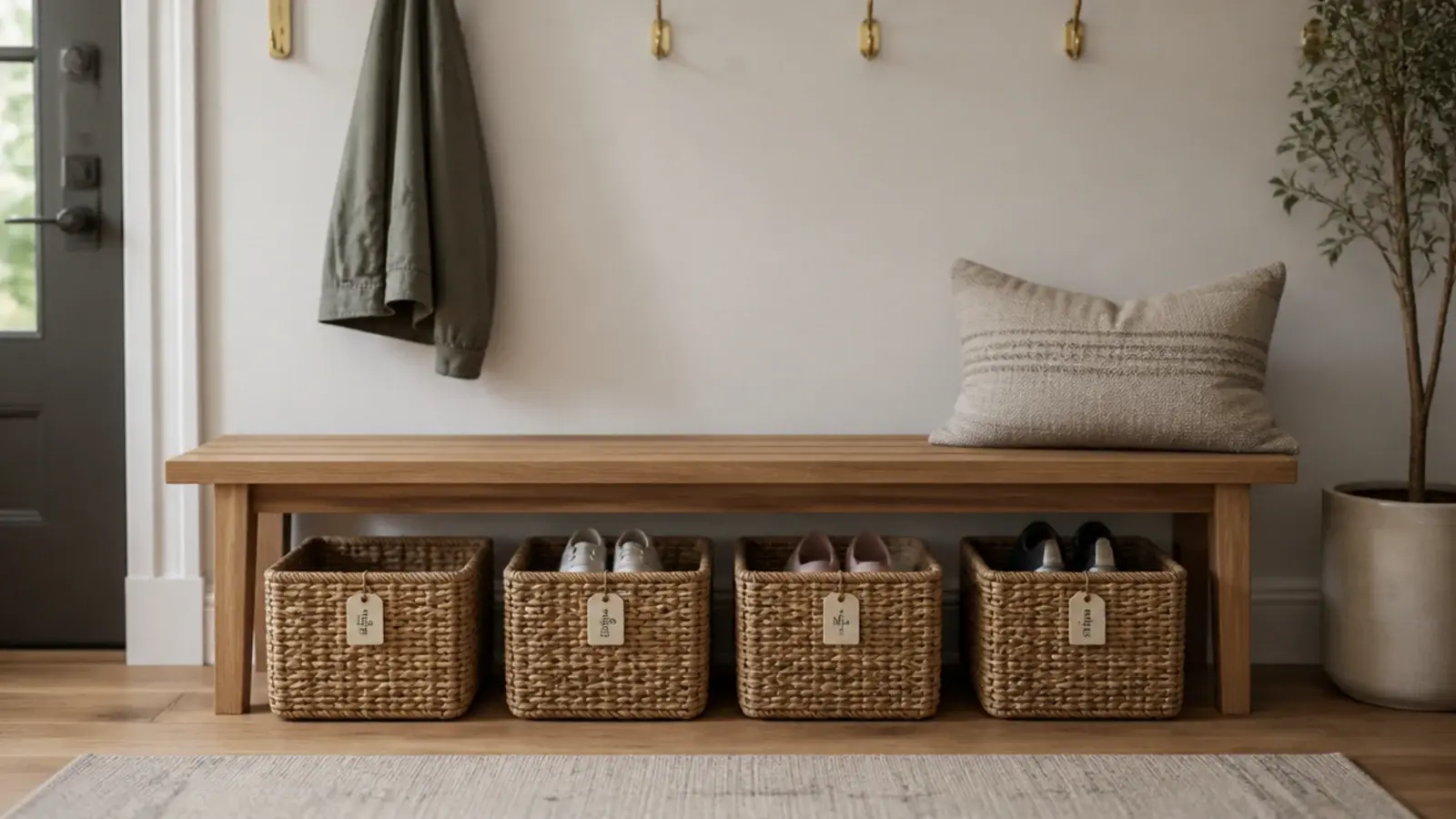 calm entryway shoe storage with tagged baskets a bench and clear floor