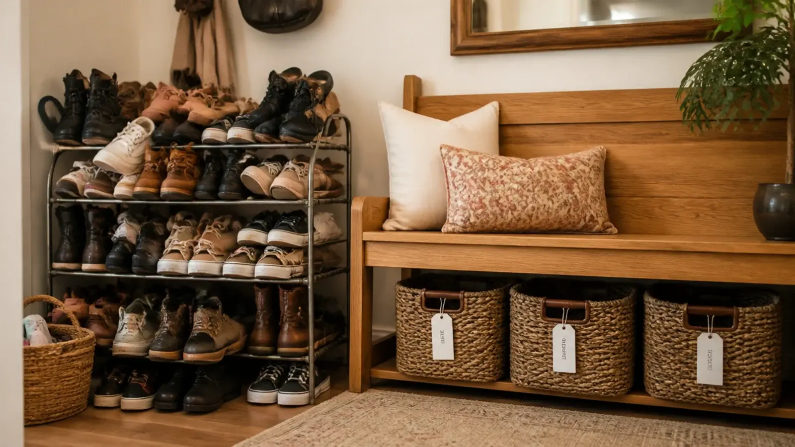 entryway showing common shoe storage mistakes being corrected beside a bench