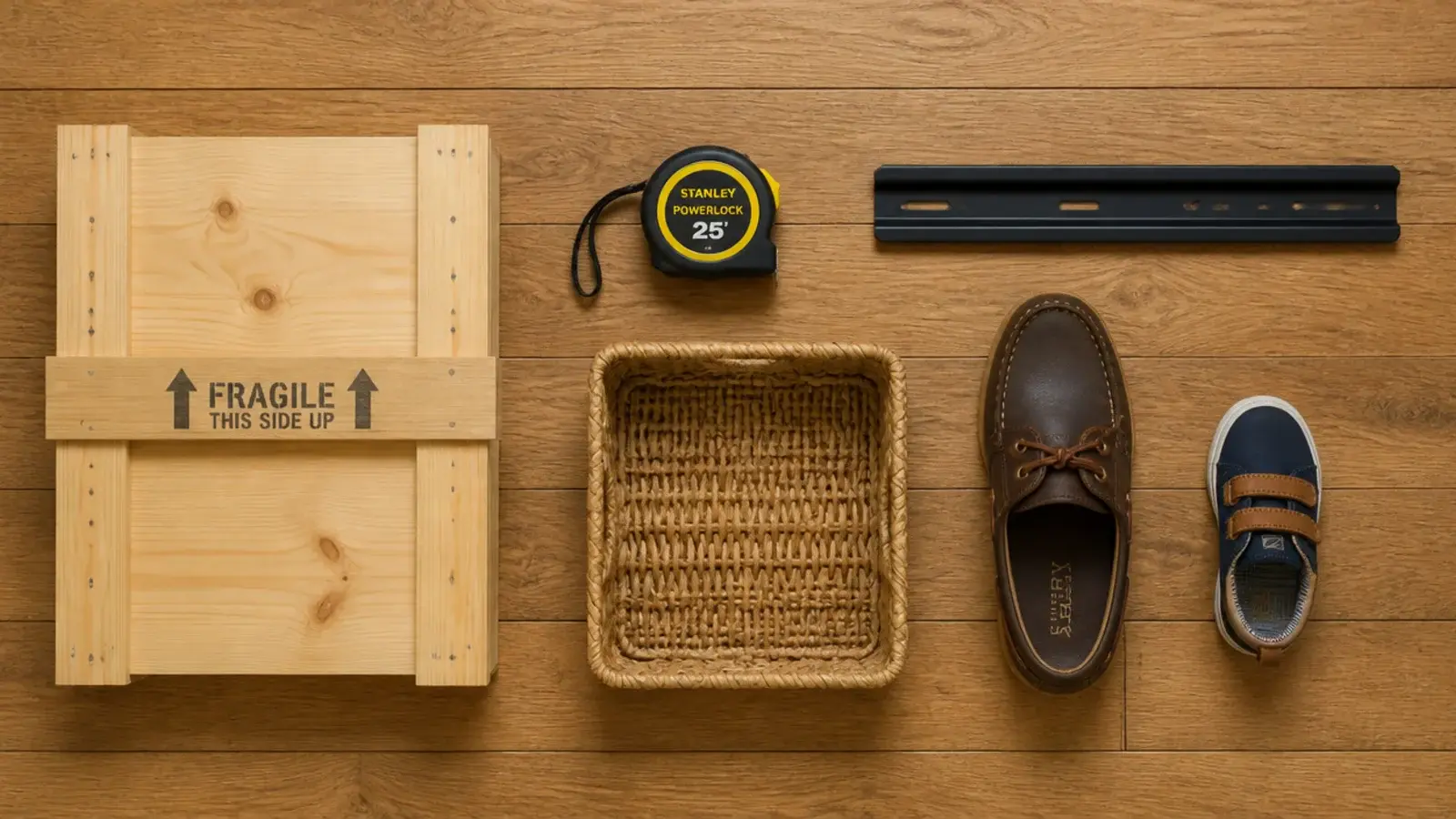 cheap shoe storage materials laid out with a tape measure and shoes