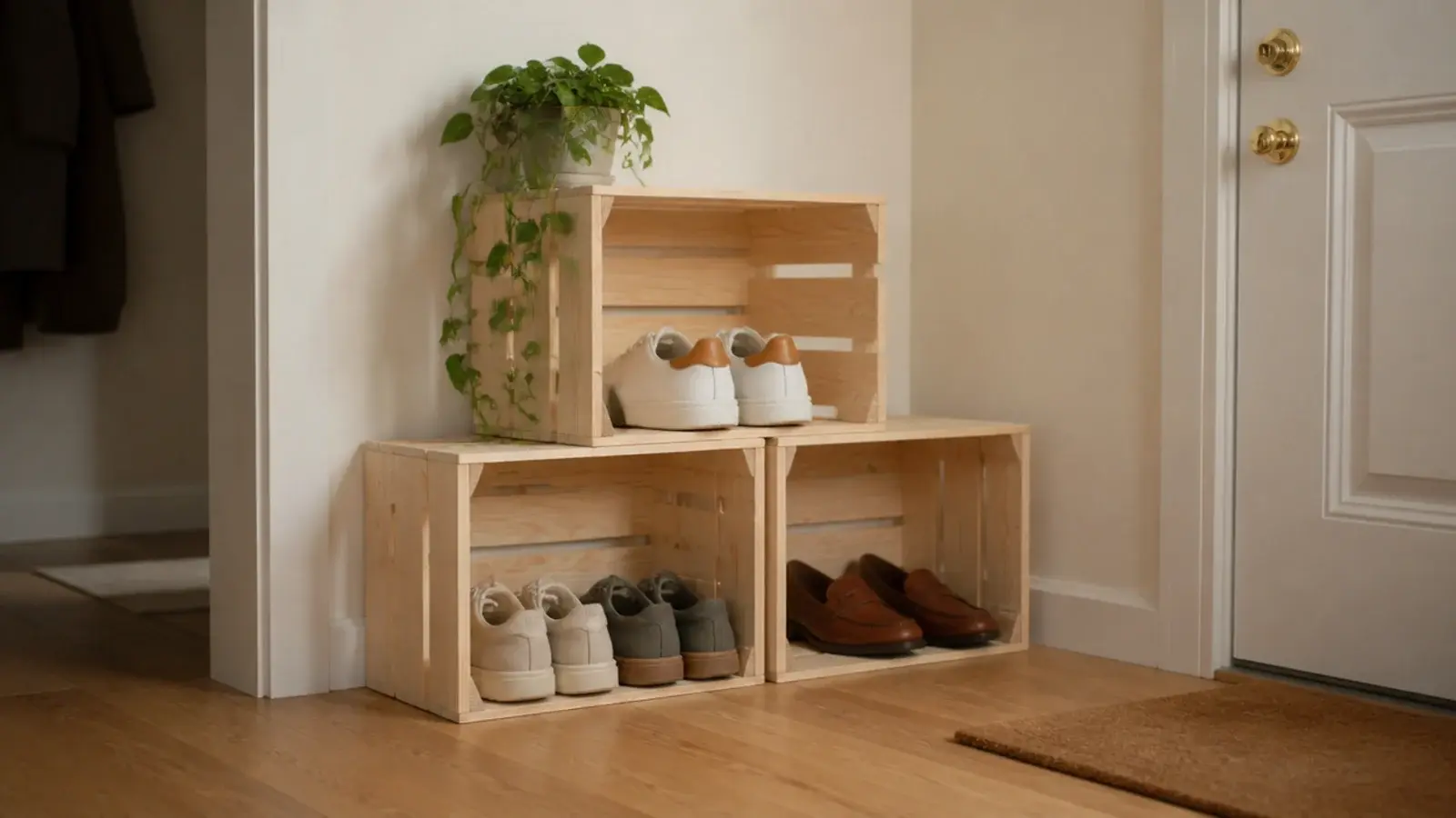 painted wooden crates screwed into a budget shoe cubby tower