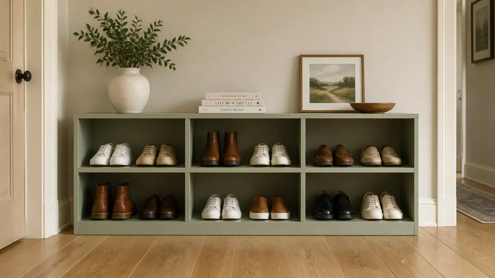 small thrifted bookcase turned on its side as an entryway shoe rack