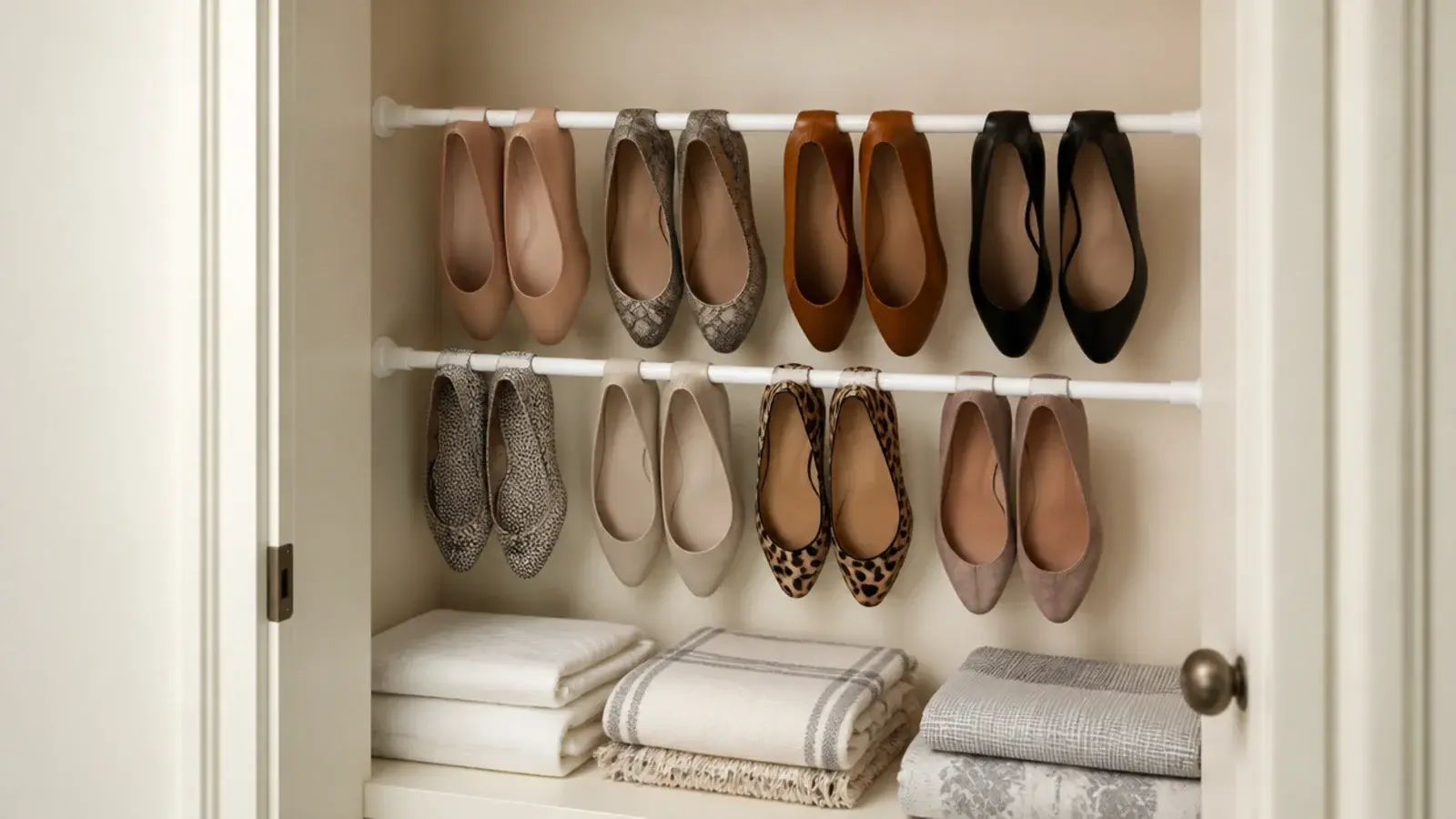 pair of tension rods inside a closet holding shoes by their heels