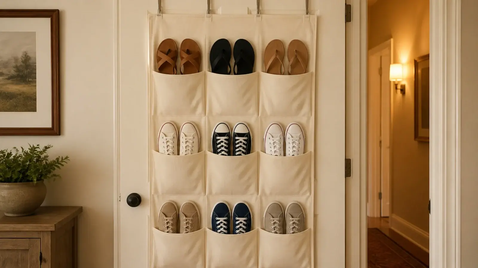 canvas over the door shoe organizer holding flats on a closet door