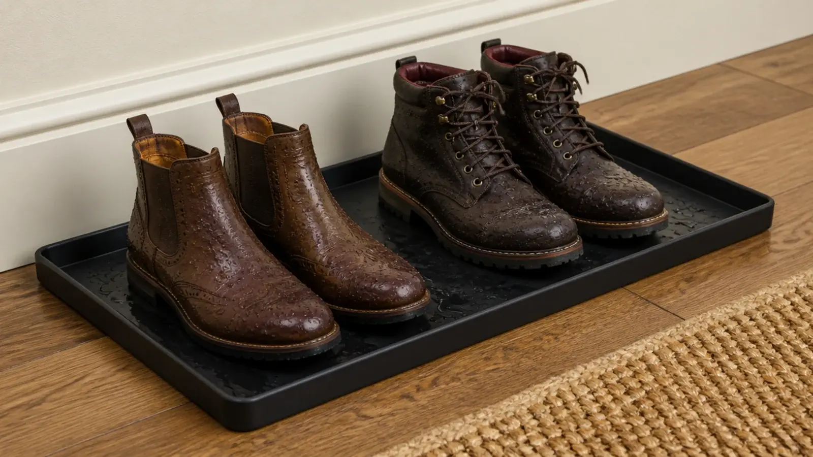 wide garden drip tray by a door holding two pairs of wet boots
